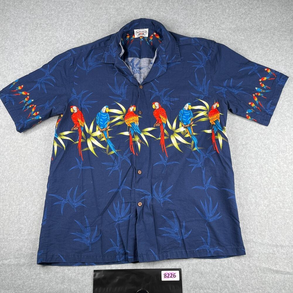 Pacific Legends Tropical Parrot Print Shirt Navy Blue Hawaiian Beach Casual L